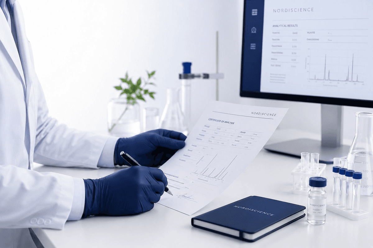 Nordiscience researcher handling peptide vial