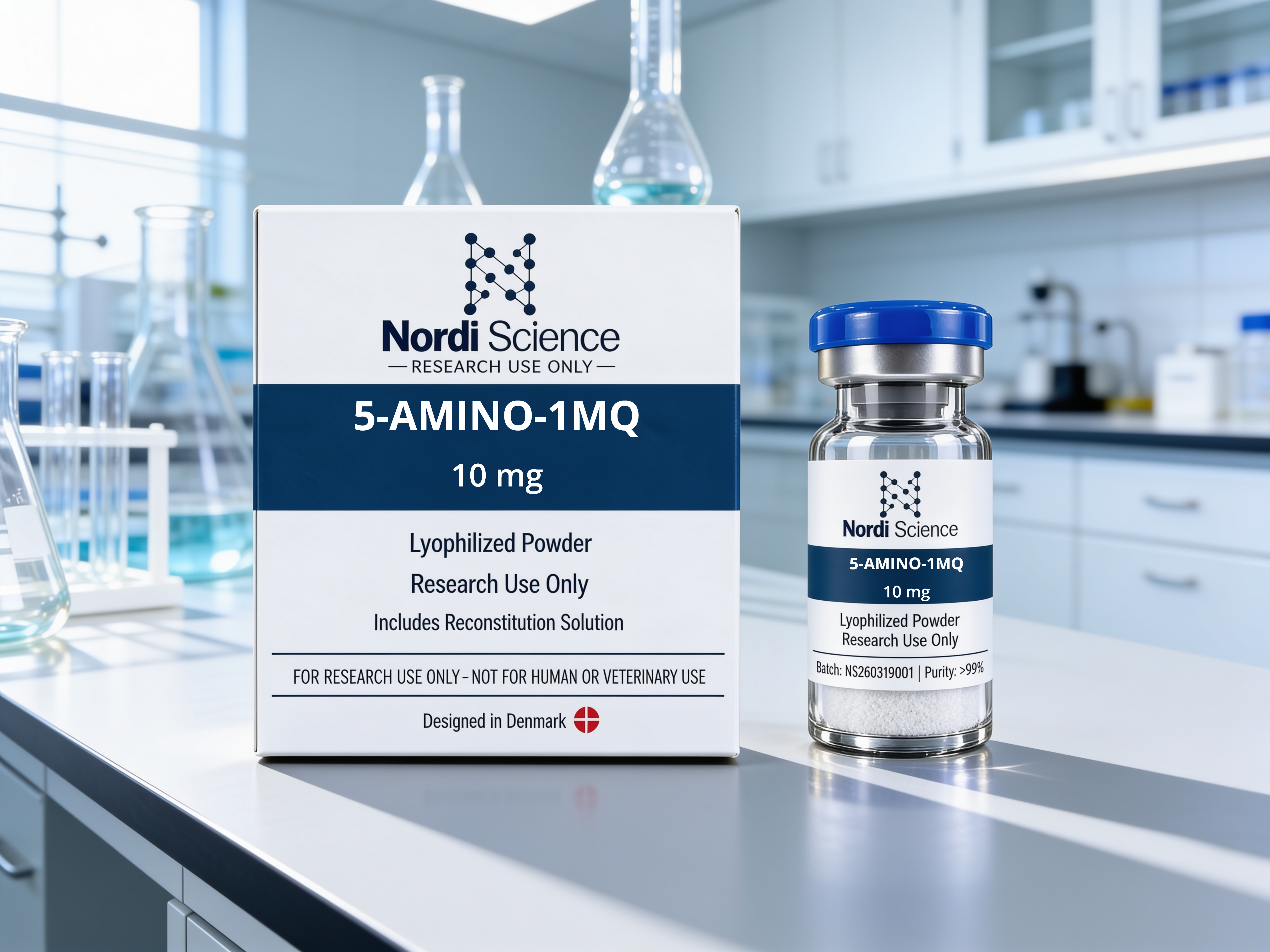5-AMINO-1MQ vial and box photographed on a laboratory bench