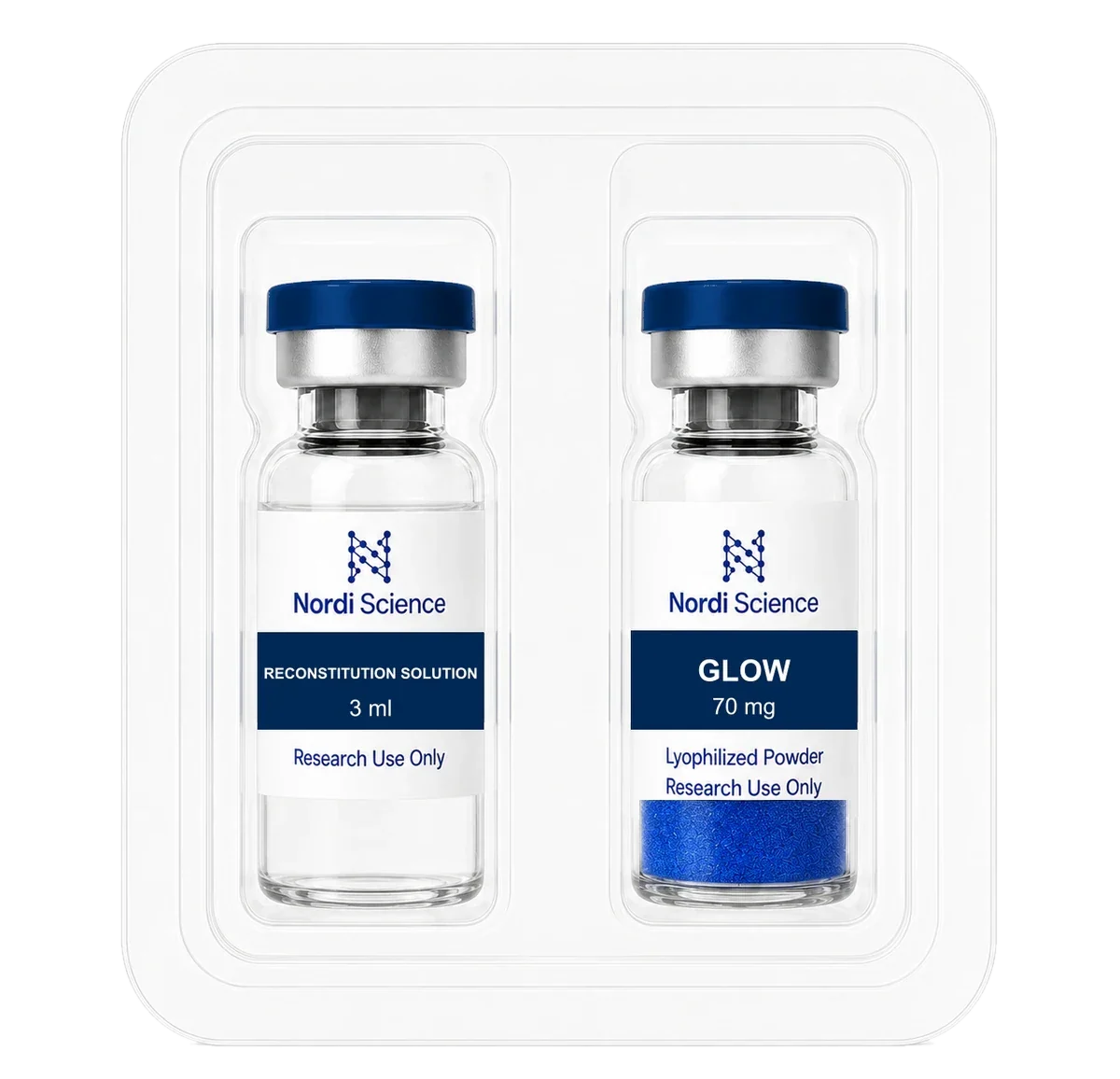 GLOW retail box, open, showing the vial tray