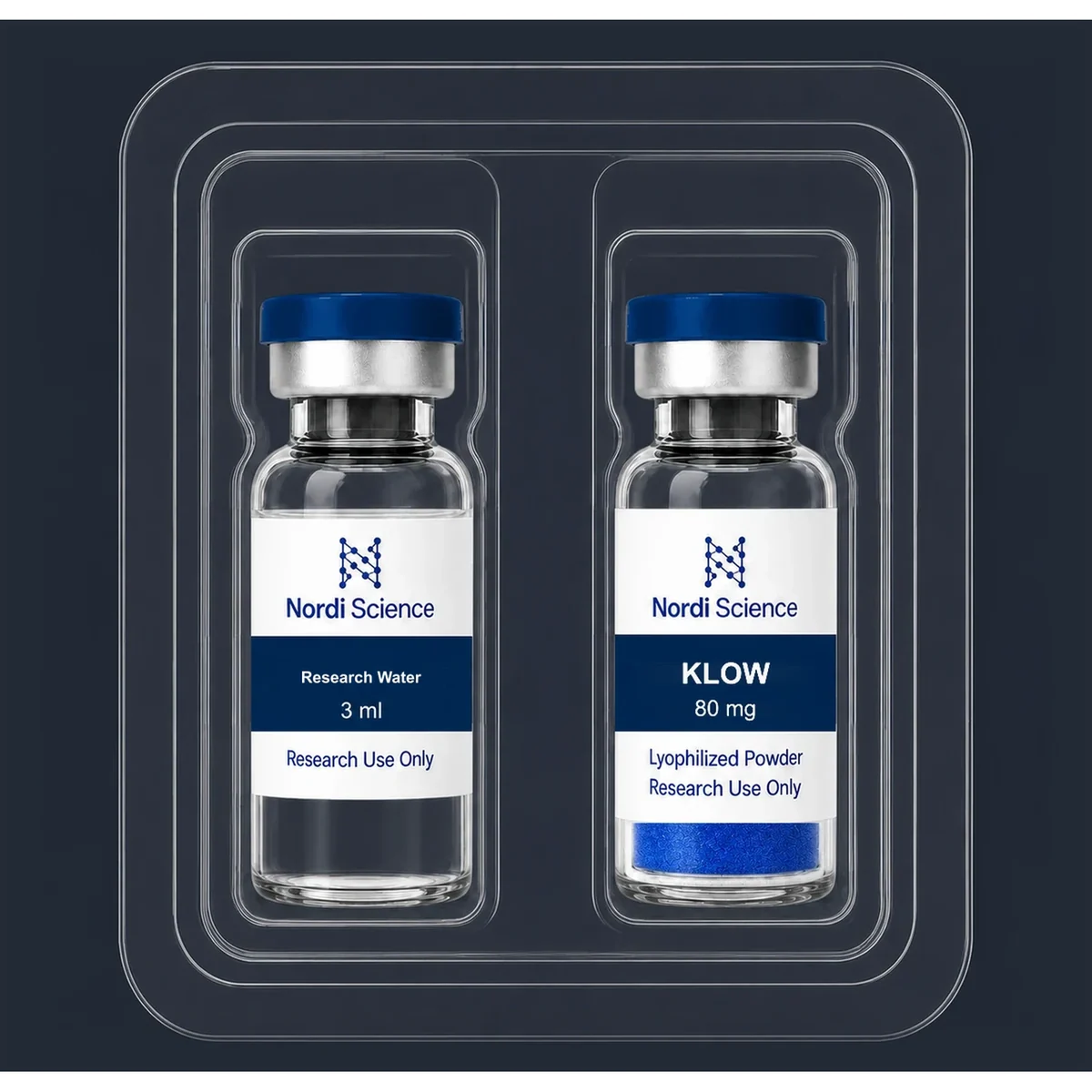 KLOW box contents: the vial and the reconstitution solution in the tray