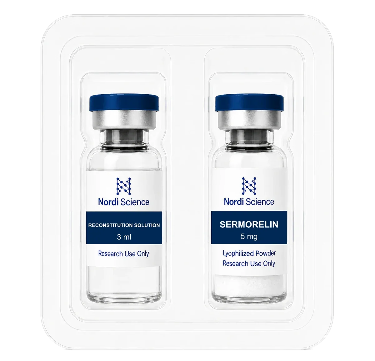 SERMORELIN retail box, open, showing the vial tray