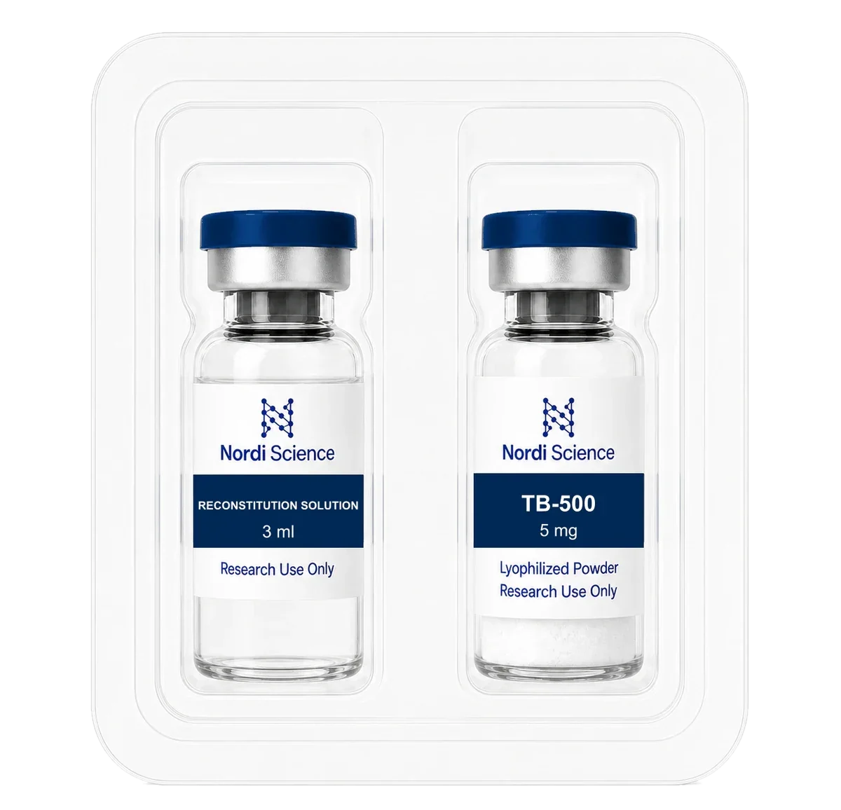TB-500 retail box, open, showing the vial tray