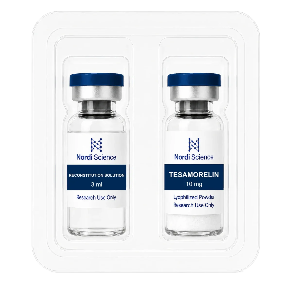 TESAMORELIN retail box, open, showing the vial tray