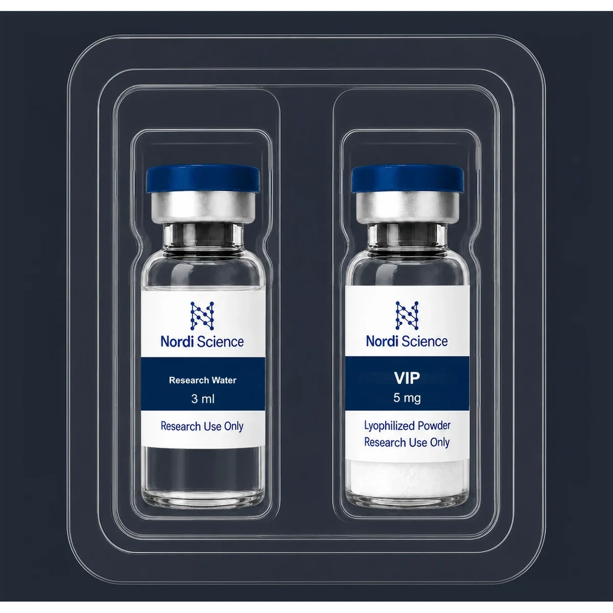 VIP box contents: the vial and the reconstitution solution in the tray