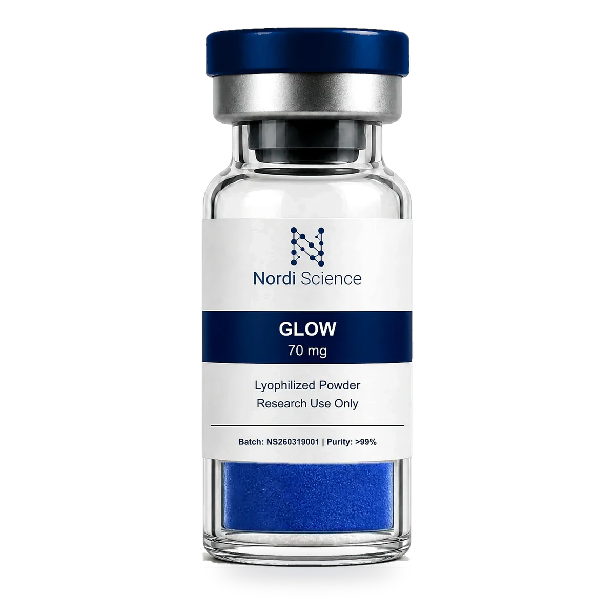Sealed research peptide vial, with the amount printed on the front label